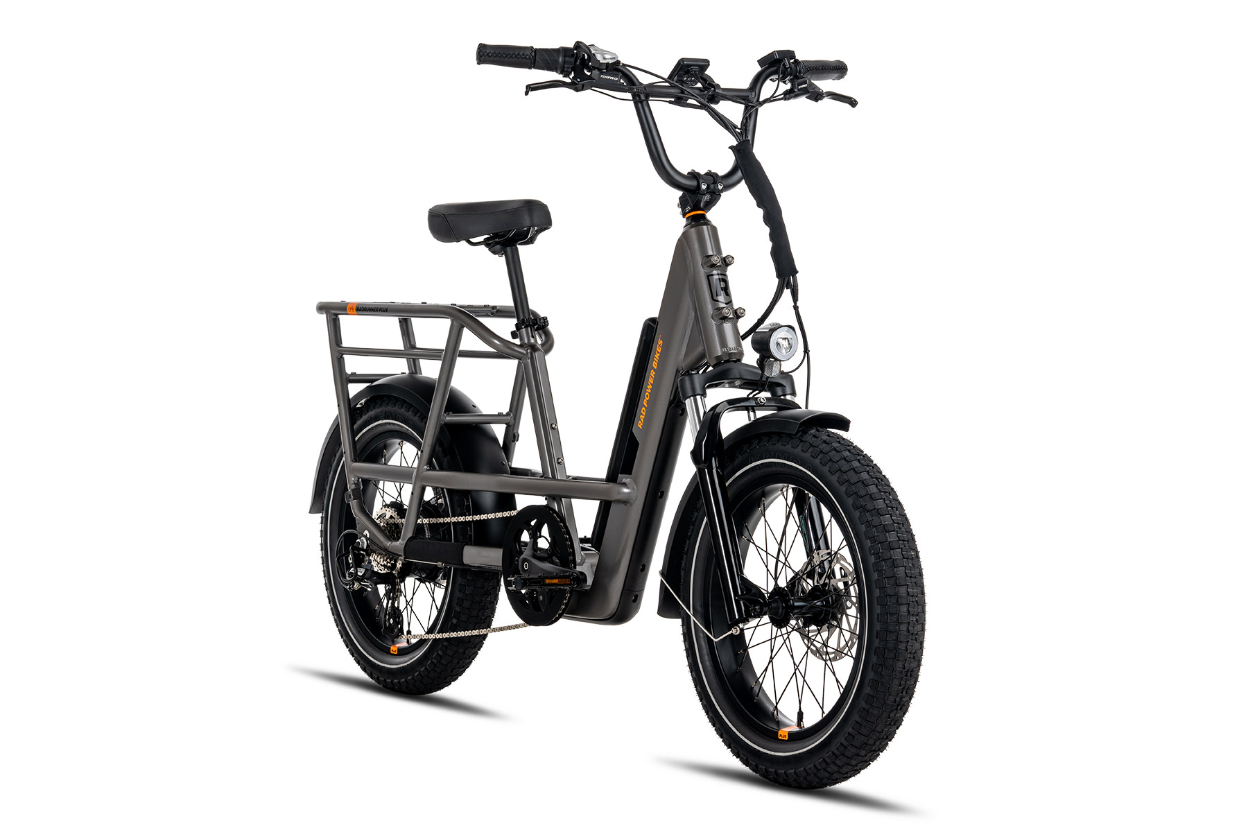 Rad Power Bikes RadRunner3 Plus side angle view. Black e-bike.