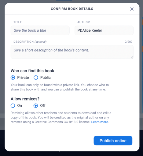 Screenshot of the publish details to title the book, give it a description and toggle to make it public. 