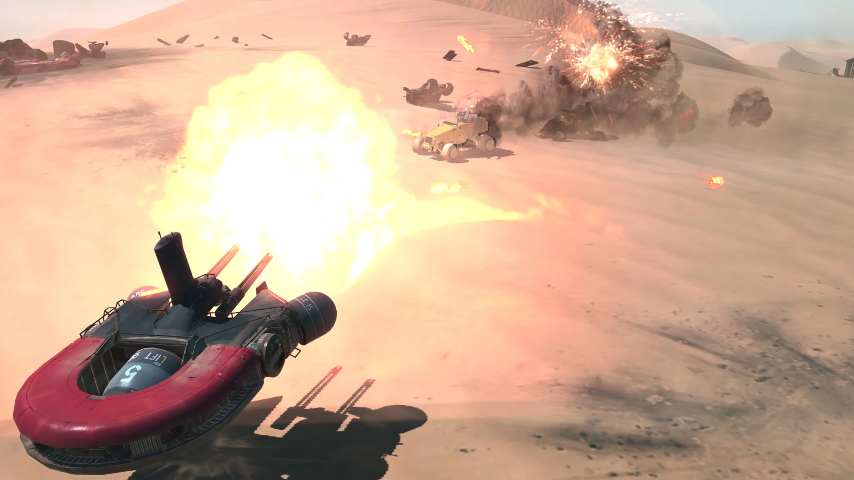 Promotional still from ‘Homeworld: Deserts of Kharak.’ A red tank with a U-shaped turret sends fiery blasts toward enemies in the distance. Desert environment, 2016 PC game graphics.