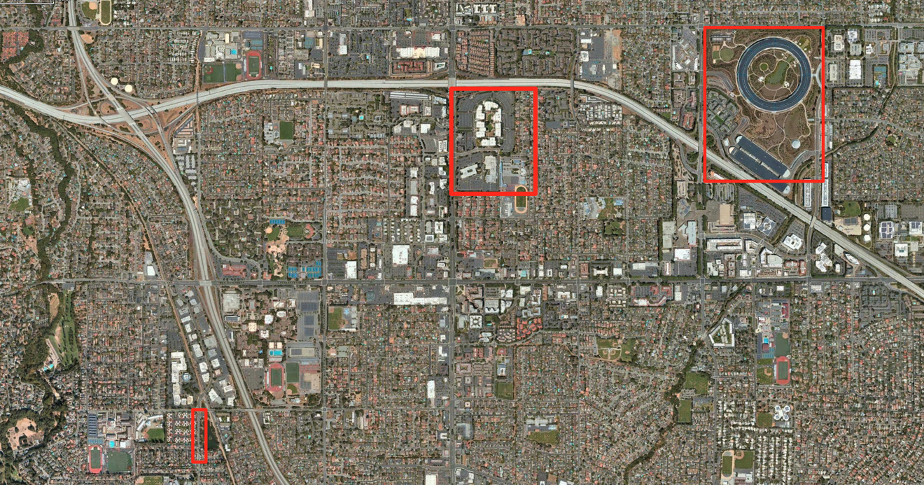 Apple's relevant buildings in Cupertino, California. Via Apple Maps. In red left to right: Bubb Road, 1 Infinite Loop and today's Apple Park.