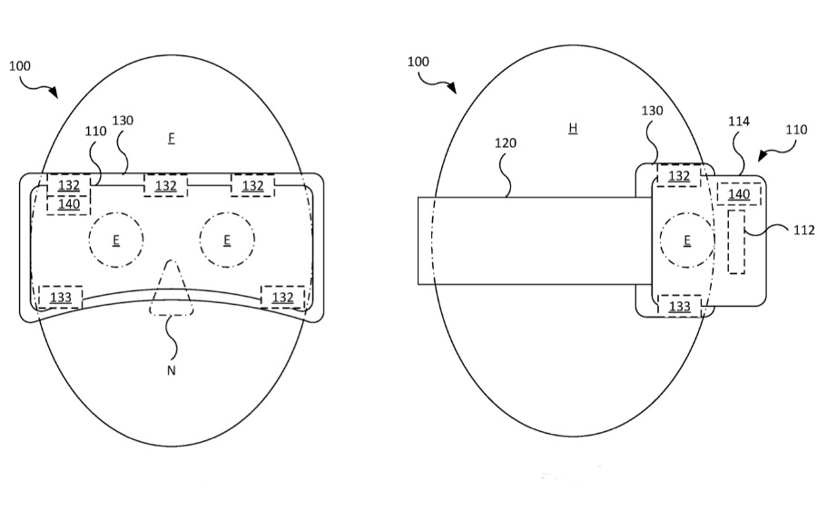 Detail from the patent showing a possible arrangement of sensors on a head-mounted device such as 