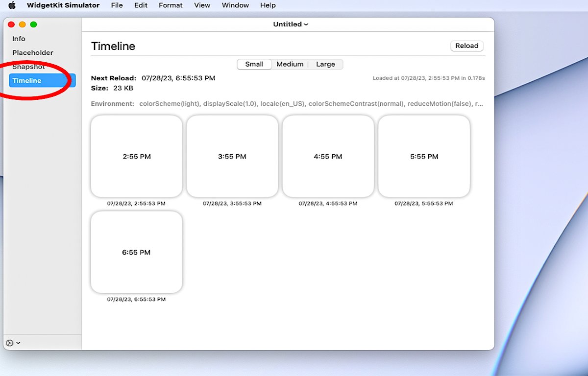 The series of Widget UIs displayed in the timeline over time.