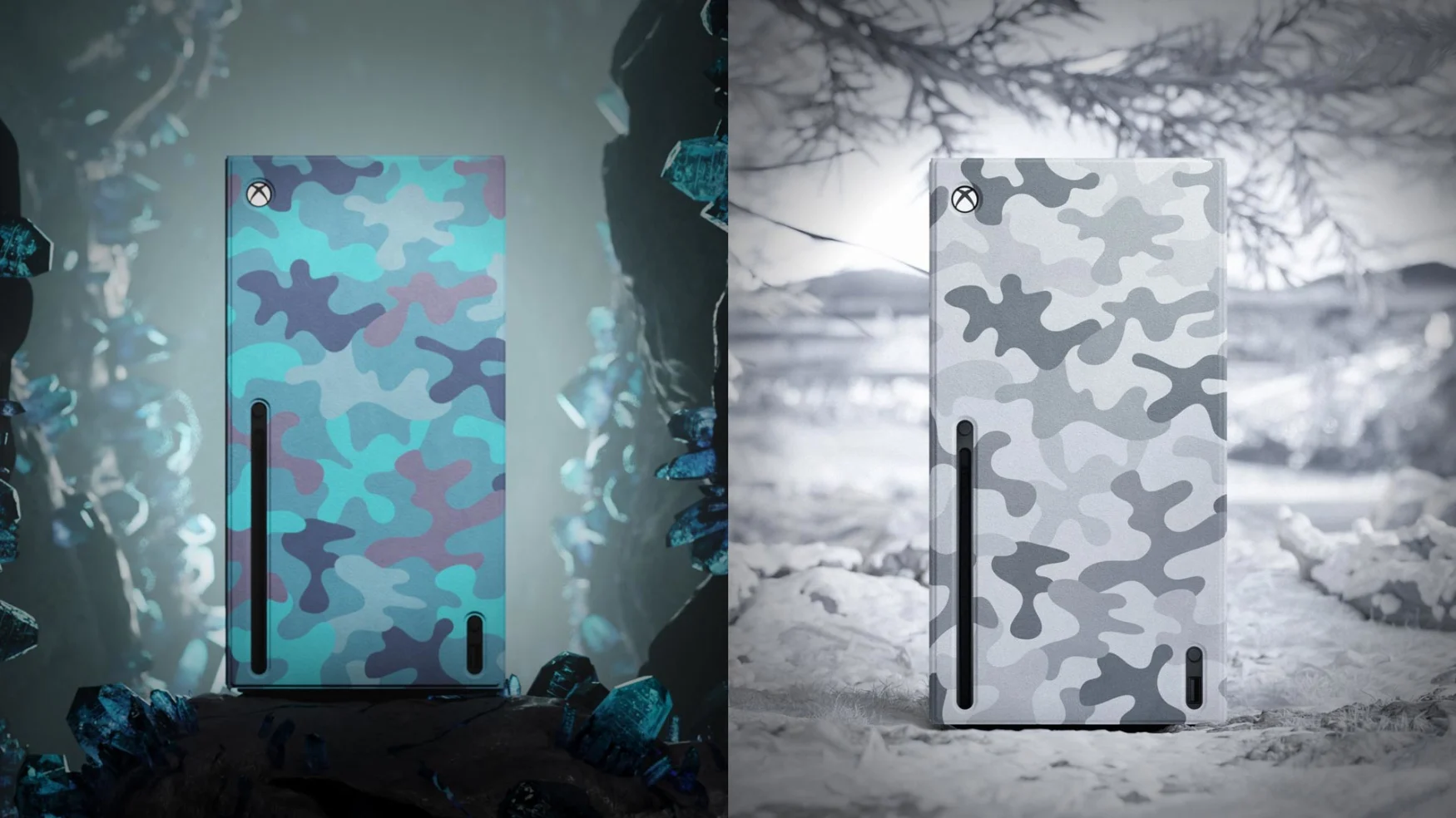 Xbox Series X camouflage wraps. Custom skins give the console blue and grey camo looks.