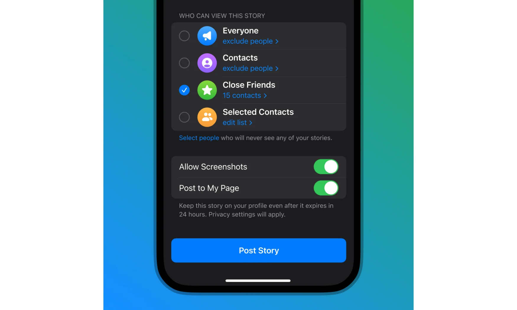 Marketing screenshot showing privacy controls for Telegram Stories. A phone's screen displays visibility options (everyone, contacts, close friends or selected contacts). It also has toggles for whether screenshots are allowed and if it's posted to your page. A blue 