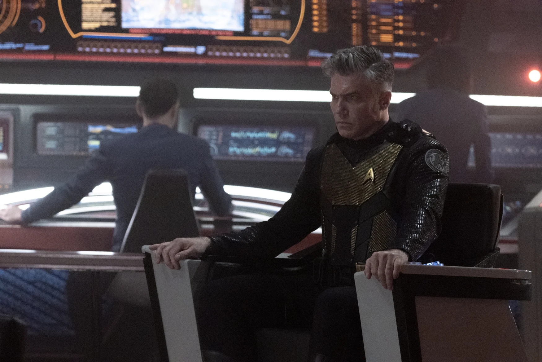 L-R Ethan Peck as Spock and Anson Mount as Capt. Pike in Star Trek: Strange New Worlds streaming on Paramount+, 2023. Photo Credit: Michael Gibson/Paramount+