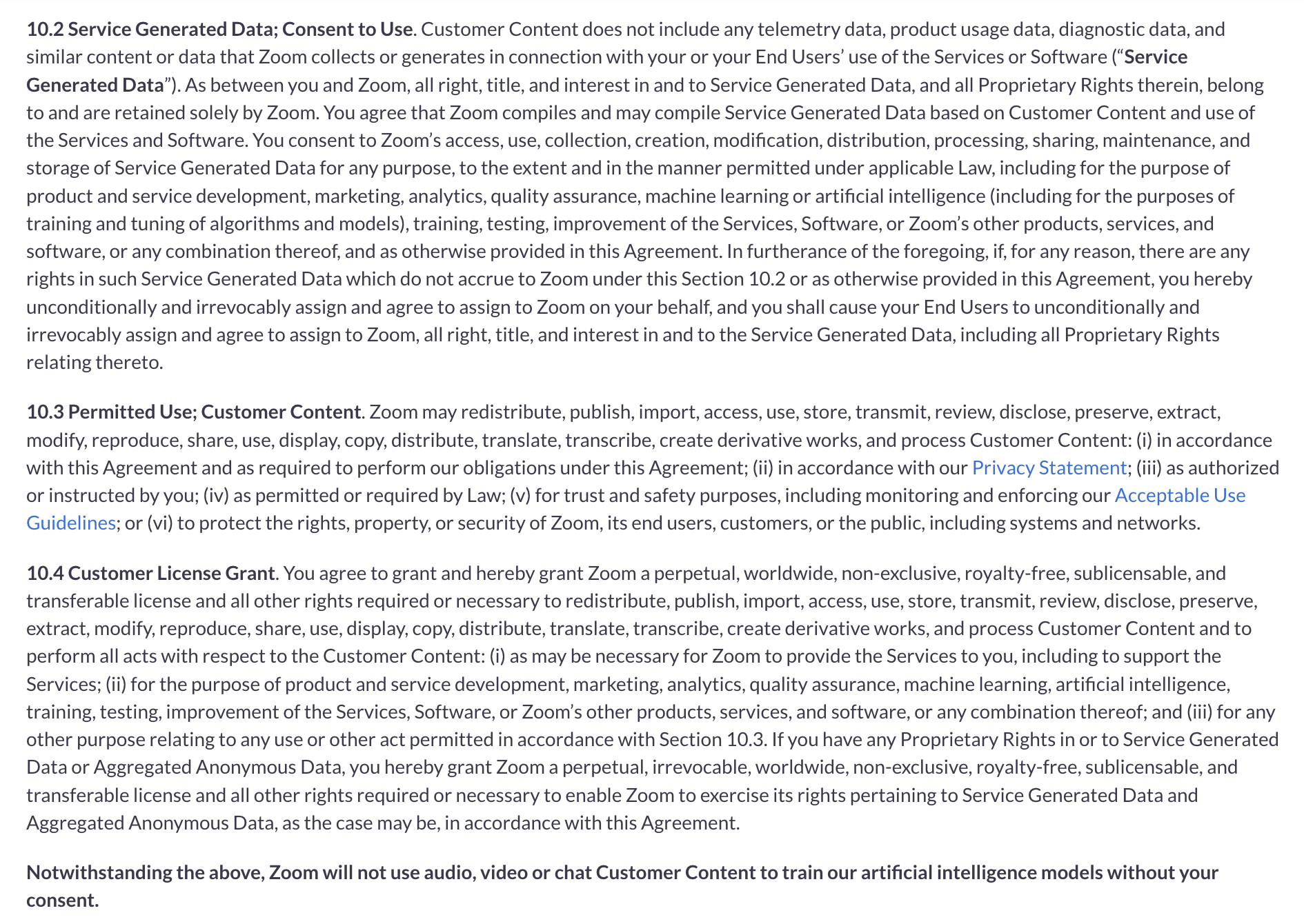 Zoom T&Cs clauses for using data for AI model training