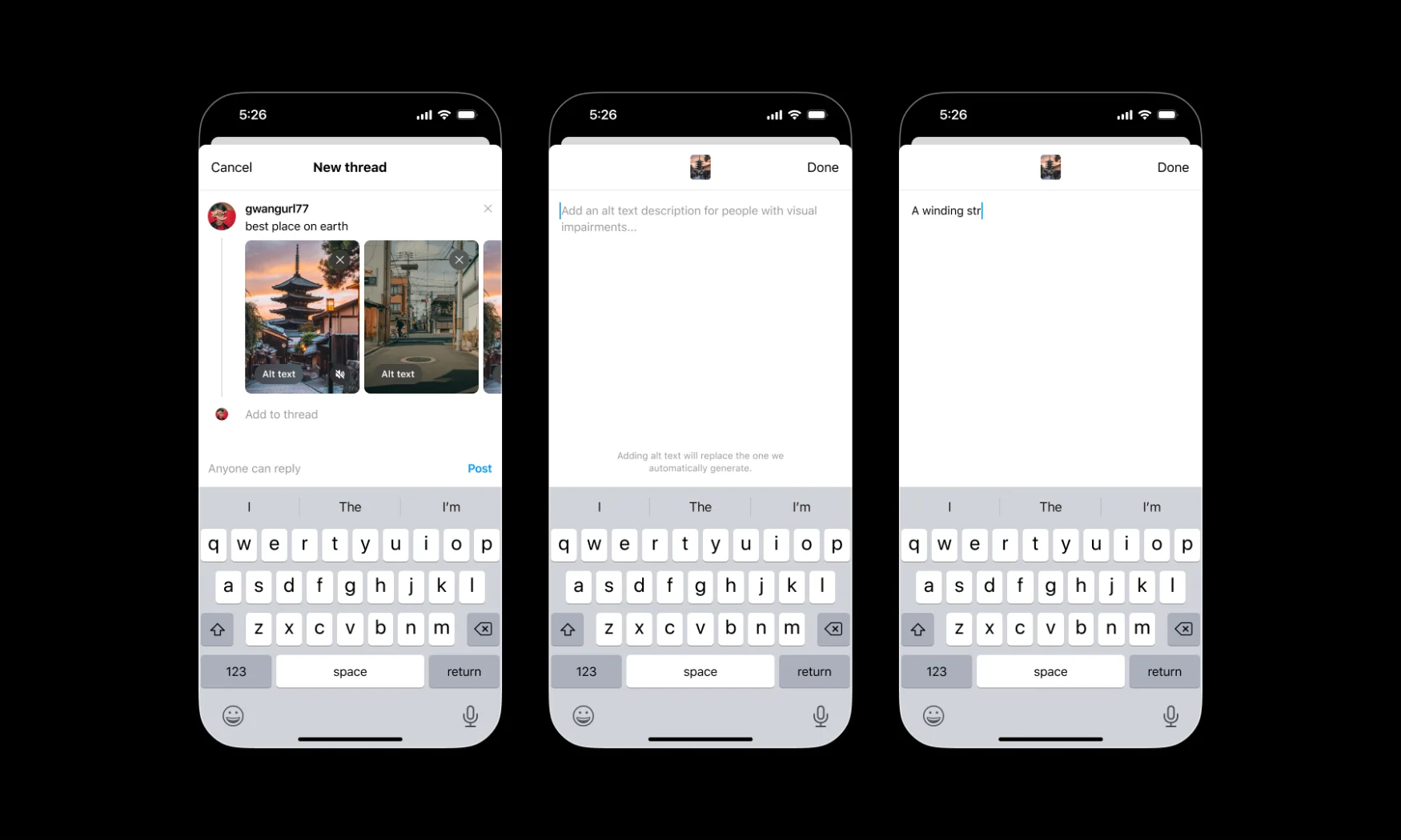 Three screenshots showing the Meta Threads app's new alt-text feature. left: images, center: blank alt text, right: drafting alt text.
