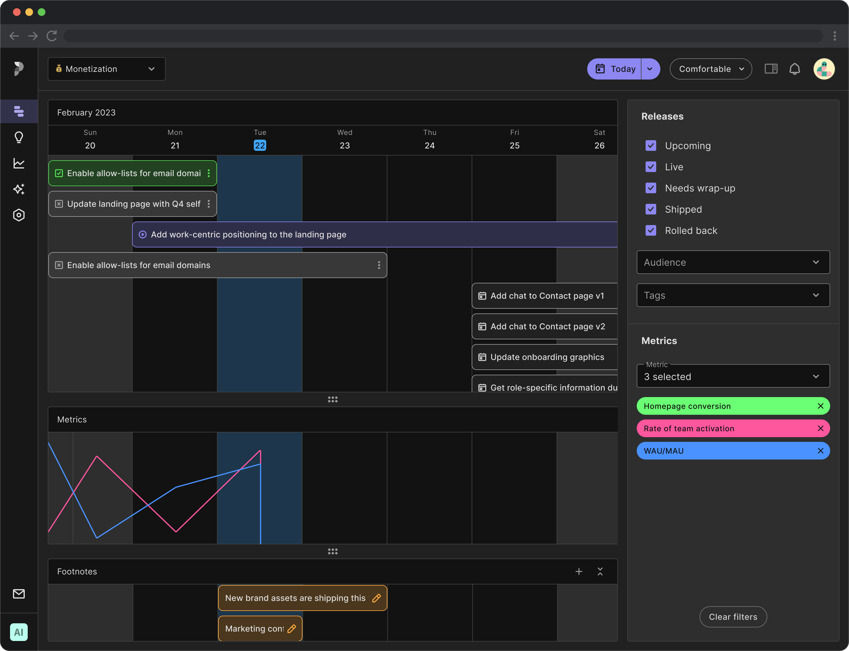 Panobi timeline lets product teams track key metrics like DAUs and MAUs.