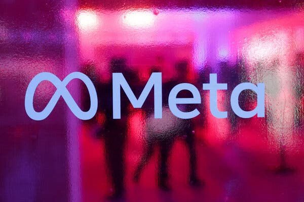 The Meta logo appears on a red window with shadows of people in the background.