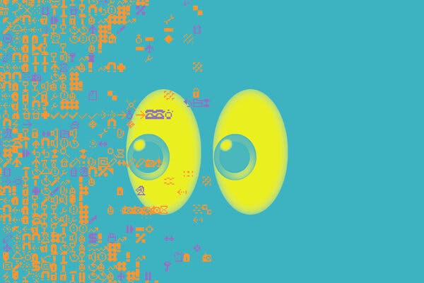 An emoji of two eyes peers at a wall of digital symbols.