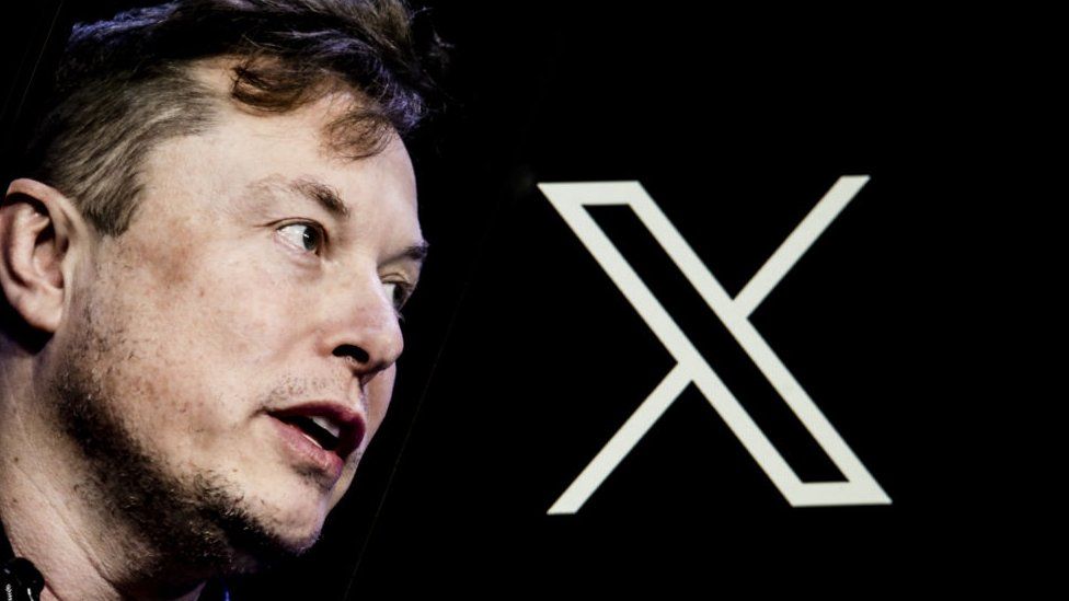 Elon Musk's face with the logo of his social media platform X