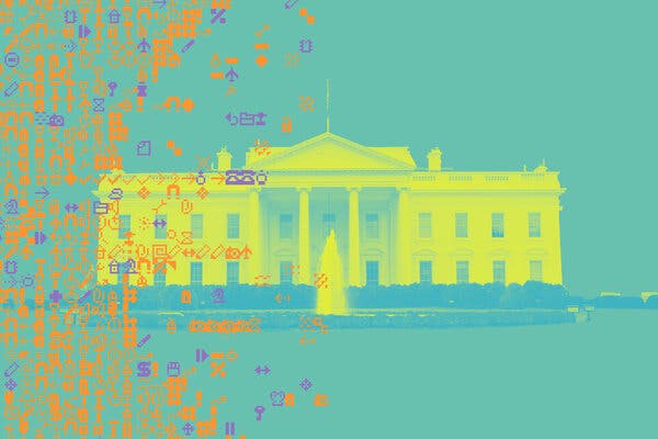 An illustration of the White House shaded in yellow against a teal background with orange and purple symbols on the left side in the foreground.