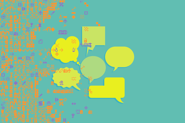 Speech bubbles in varied shades of yellow appear against a teal background. Symbols and icons in orange and purple are crowded into the left half of the image.