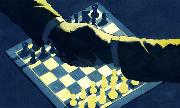 An illustration of a handshake over a chess board. 
