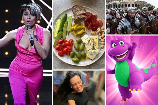 A grid made up of five photos shows Ariana DeBose singing at an awards show; a snack plate filled with olives, pickles, cheese and other food items; a young woman striking a joyful pose in a subway car; Roman Empire soldiers; and Barney the purple dinosaur.