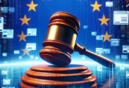 AI image which metaphorically represent the European Union's crackdown on pornographic sites. The visuals include blurred, abstract representations of adult websites in a digital landscape, with the EU flag and a symbolic gavel indicating regulatory action.