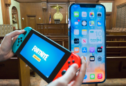 Apple to allow developers to link to outside payment methods. Person playing Fortnite on handheld device in front of iPhone and courtroom in the background.