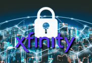 Comcast's Xfinity stores sensitive customer data - how to opt out. Xfinity logo written in purple in front of white lock and futuristic data centre