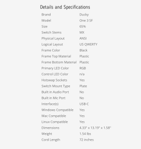 Details and Specification for the Ducky Doom Keyboard