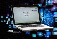 Google in multibillion-dollar patent infringement case over AI technology. Laptop with Google search engine next to phone and in front of AI images