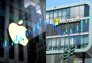 Microsoft surpasses $3 trillion market cap, as it advances in AI. Microsoft and Apple buildings next to each other with market graphic on top