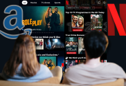 Netflix takes dig at Amazon over Prime Video ads plan. Man and woman watch Netflix and Amazon Prime Video apps