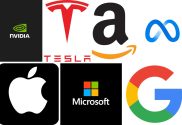 A collage featuring logos from the world's biggest tech companies: Nvidia, Tesla, Amazon, Meta, Apple, Microsoft and Google