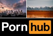 A three piece image with a shot of Charlotte, North Carolina, a Montana landscape and the Pornhub logo.