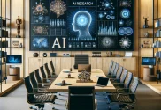 An AI generated image depicting a boardroom with a screen showing AI statistics, AI Researcher salaries have been revealed in a new report.