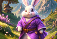 An snapshot of an AI generated video created by MagicVideo-V2. An animated rabbit in a purple coat walks along a path in a fantasy world