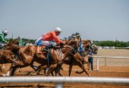 Image of horse racing, including jockeys, at a racecourse. Flutter Entertainment has posted strong revenues for the fourth quarter of 2023.